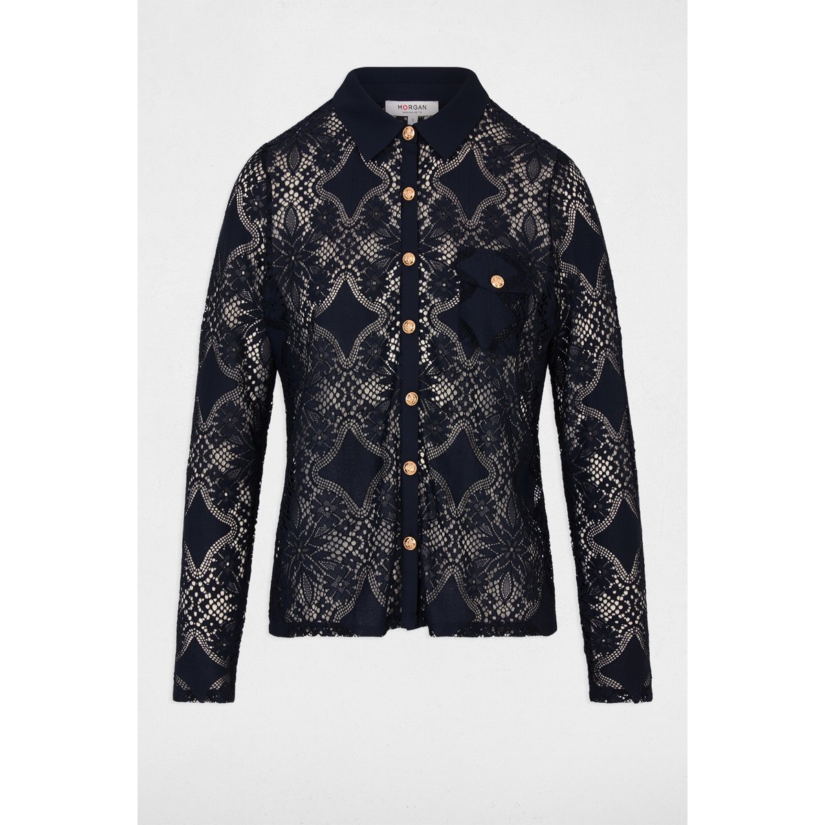 Chemise dentelle col à revers bleu marine, MORGAN
