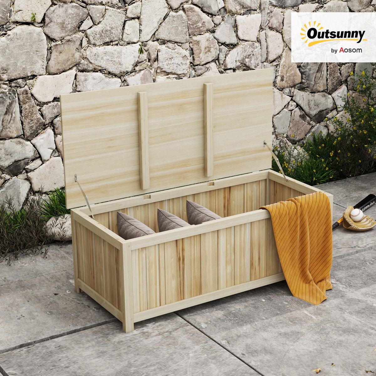 Coffre de rangement d'extérieur Bois de sapin beige, OUTSUNNY