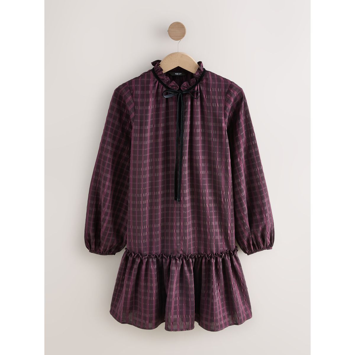 Robe courte à manches longues avec volants bordeaux check, NEXT