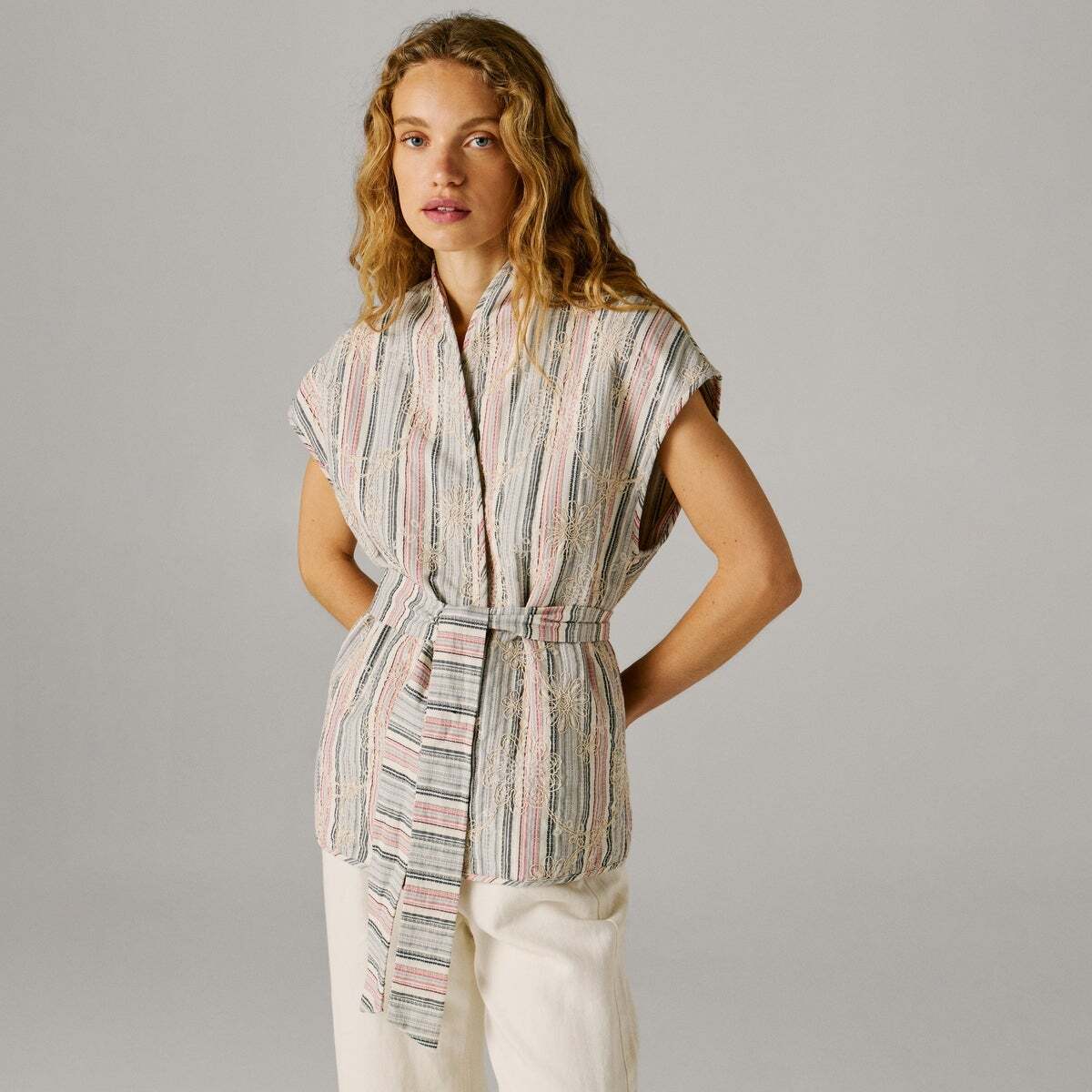 Gilet À Rayures Avec Ceinture blanc, PEPE JEANS