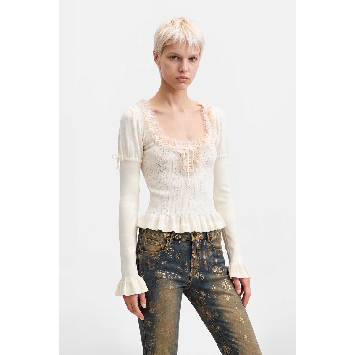 pull côtelé en maille fine beige, DESIGUAL
