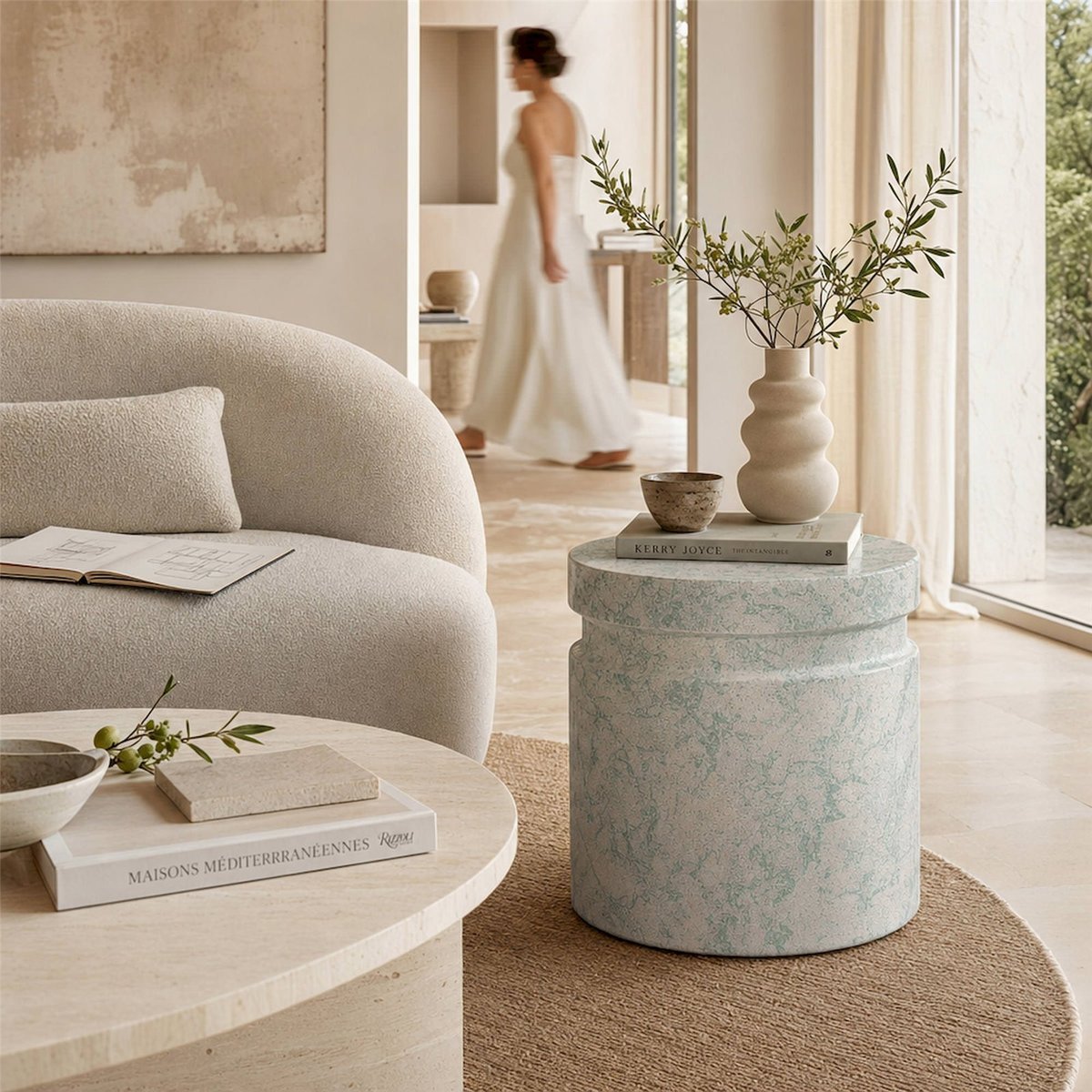 Table d'appoint ronde en terrazzo vert moucheté beige, RECOLLECTION