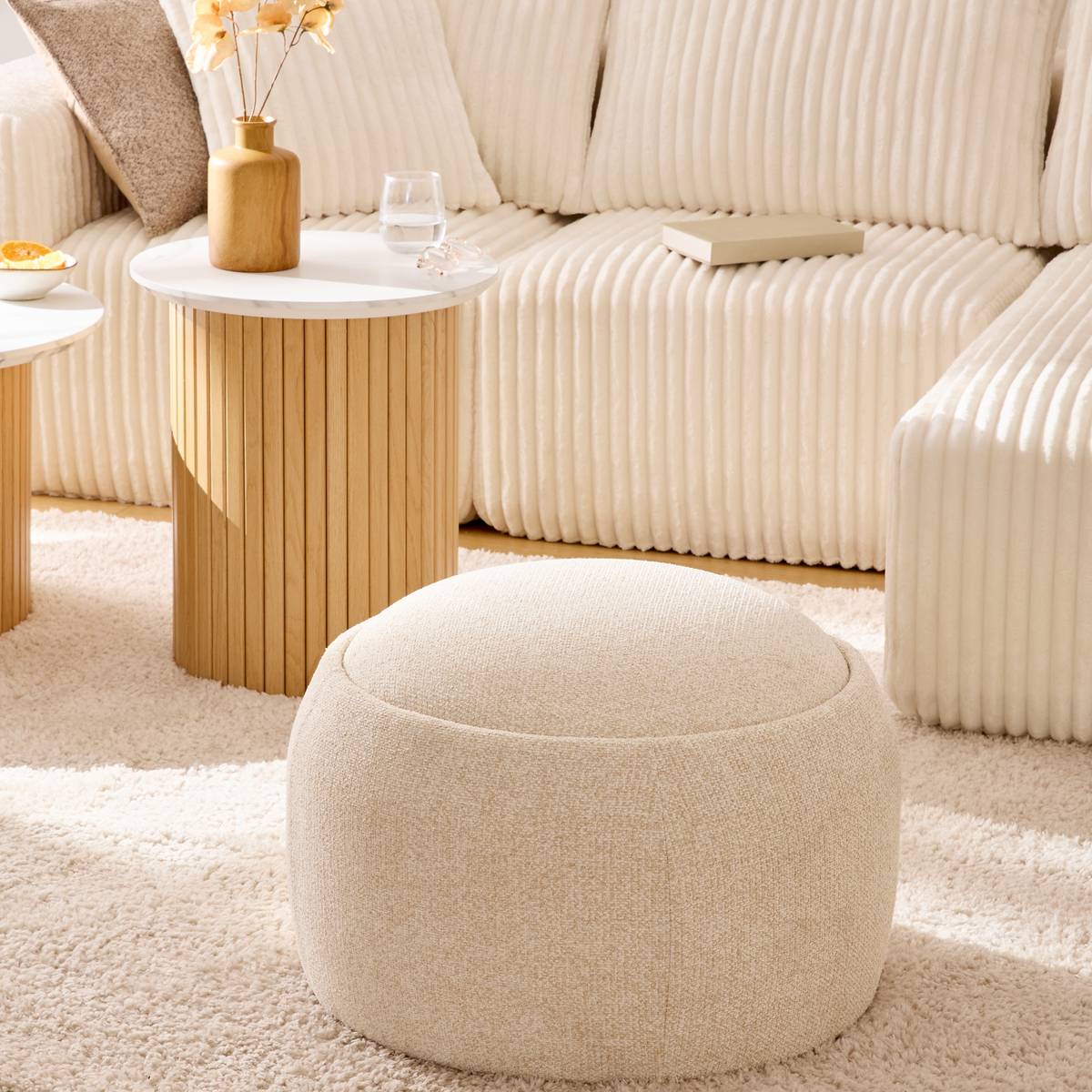 Pouf coffre de rangement en bouclette ELIOR creme, ATMOSPHERA