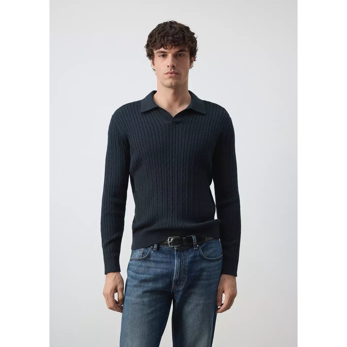 Pull polo mélange coton lyocell maille torsadée bleu marine, MANGO MAN