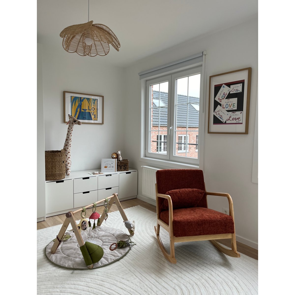 Rocking chair bois massif et tissu, DIANA terracotta, NORDLYS