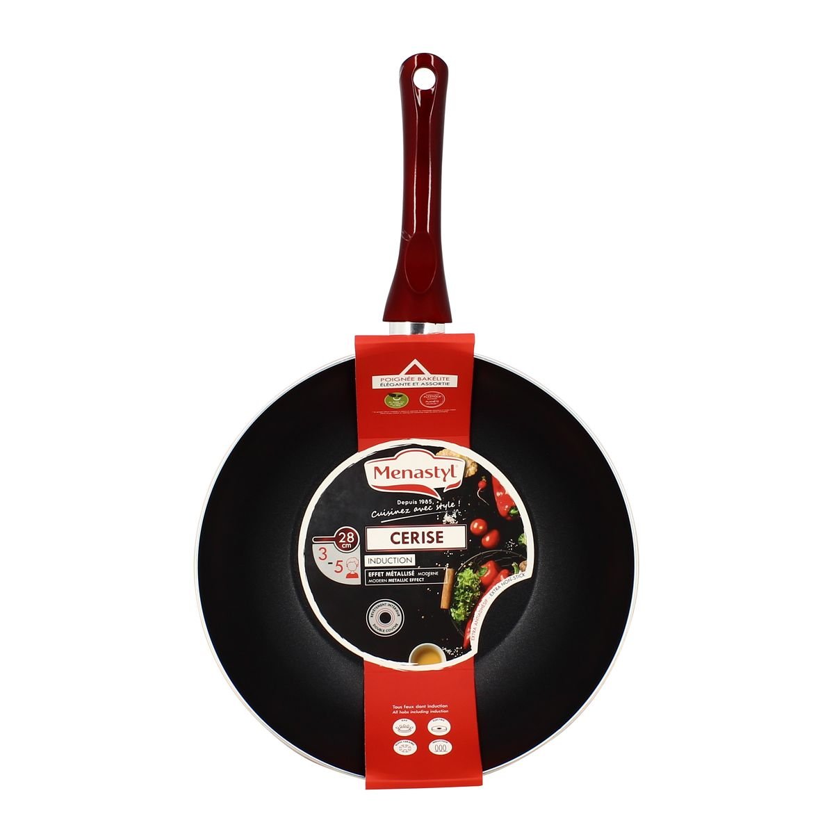 Wok en aluminium 28cm, CERISE noir-rouge, MENASTYL