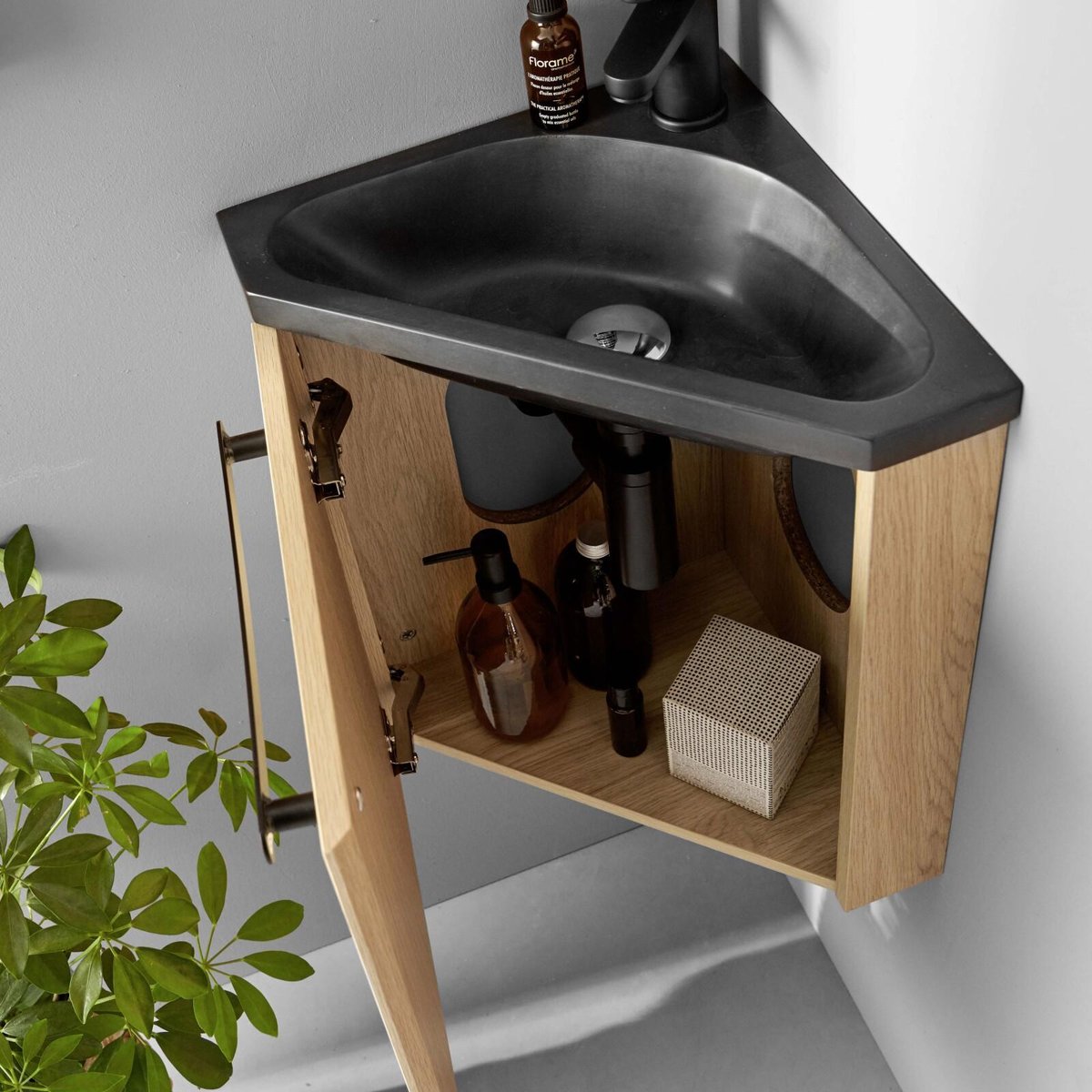 Meuble lave-mains d'angle suspendu SKINO décor chêne (vasque noire), MOB IN