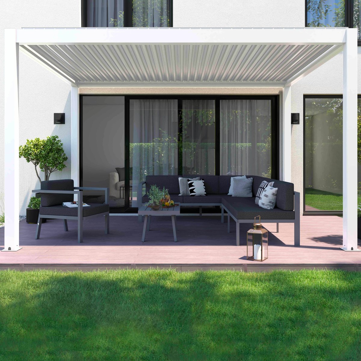 Pergola bioclimatique autoportée motorisée éclairée 3 x 4m et 1 store blanc, OVIALA