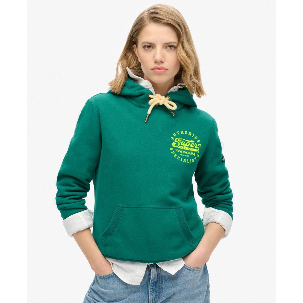 Sweat à capuche à motif brodé fluo vert tempête, SUPERDRY