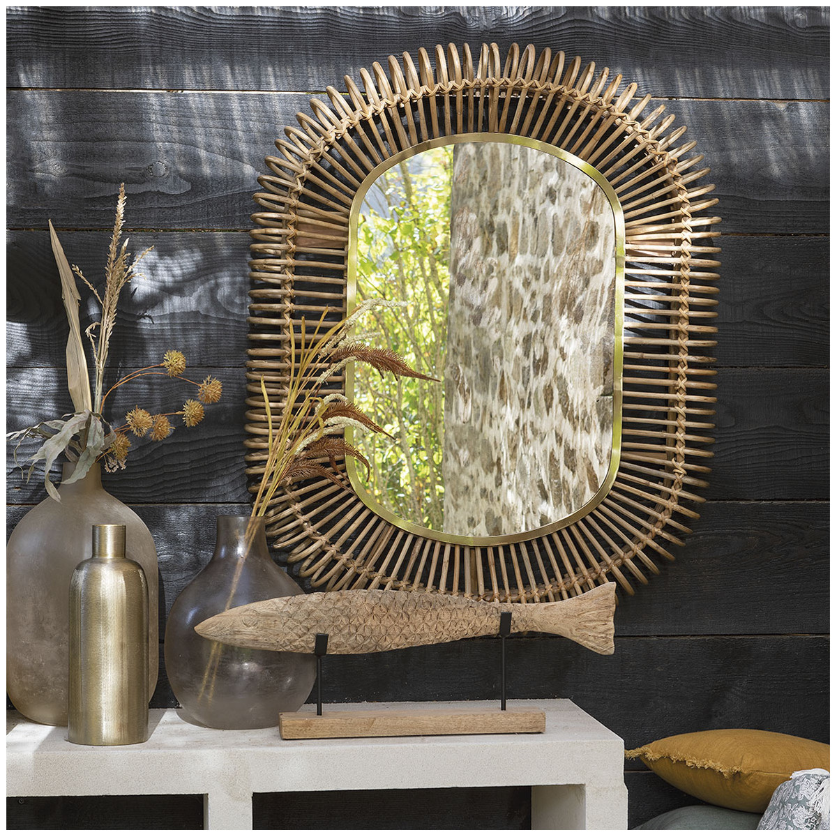 Miroir ovale en rotin et métal naturel, BLANC D’IVOIRE
