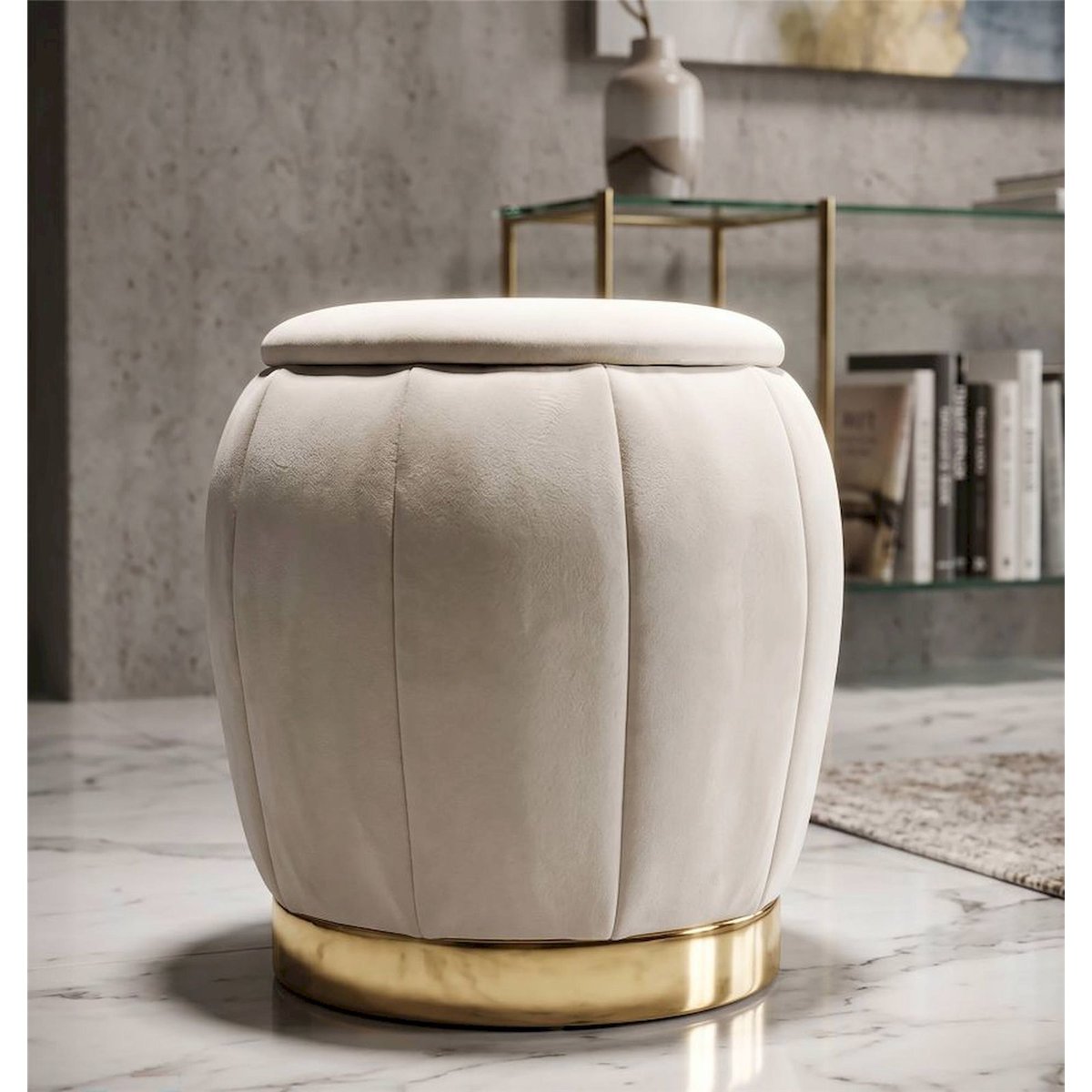 Pouf coffre en velours socle en métal GLAM crème et or, RECOLLECTION