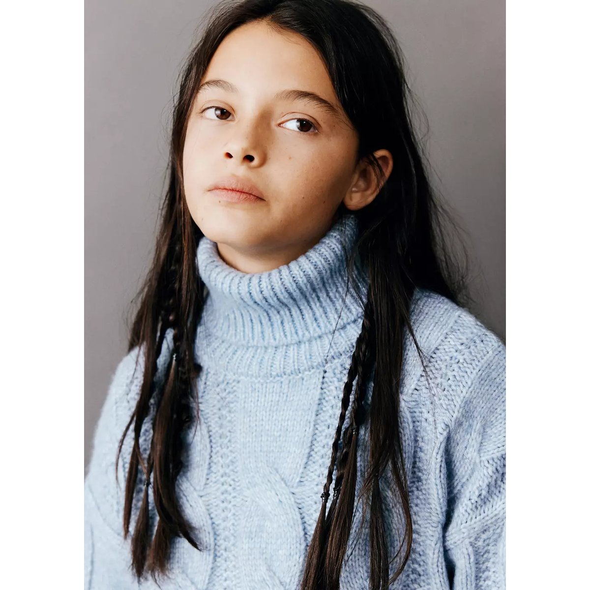 Pull-over maille torsadée col montant bleu ciel, MANGO KIDS