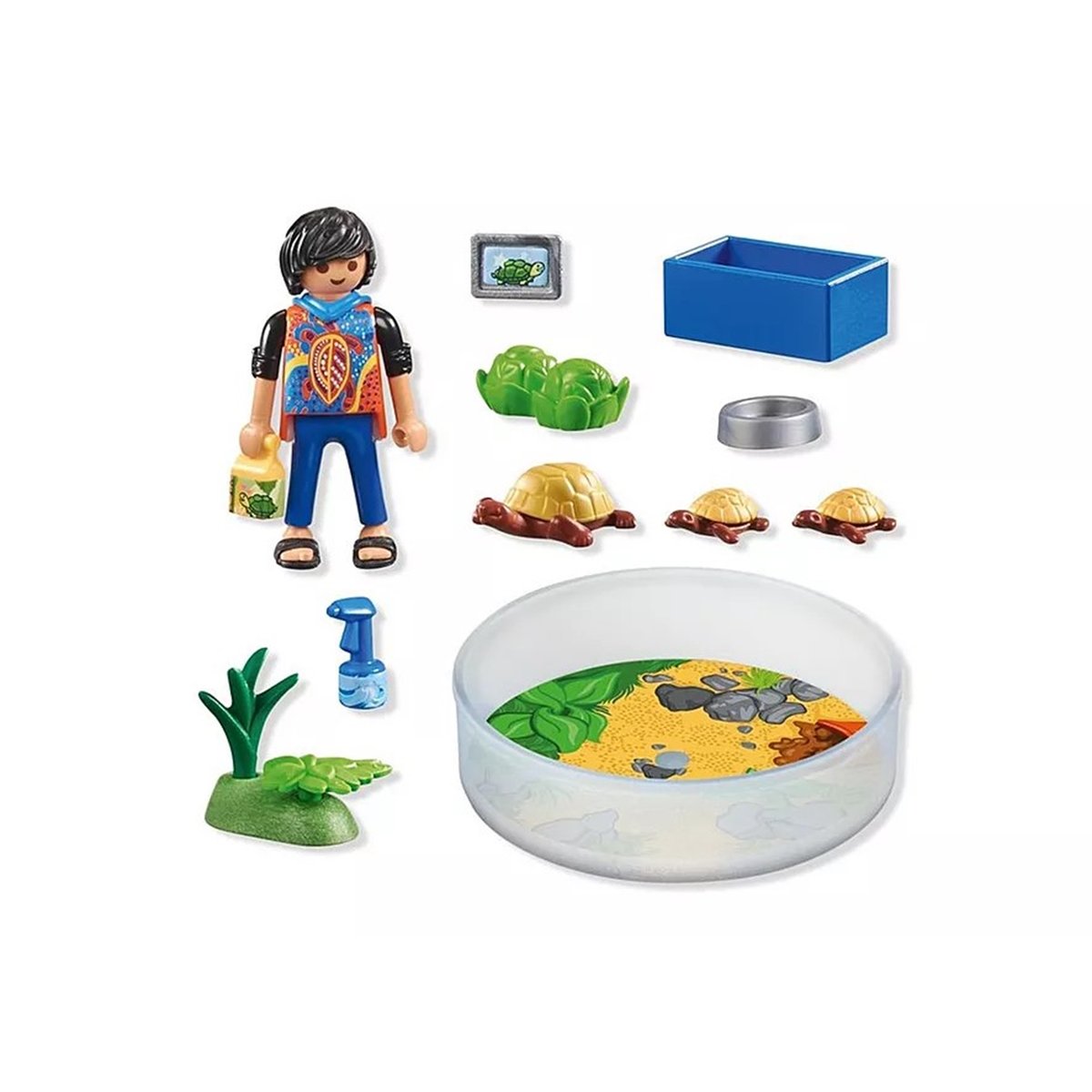 Garçon avec famille de tortues dans un terrarium multicolore, PLAYMOBIL