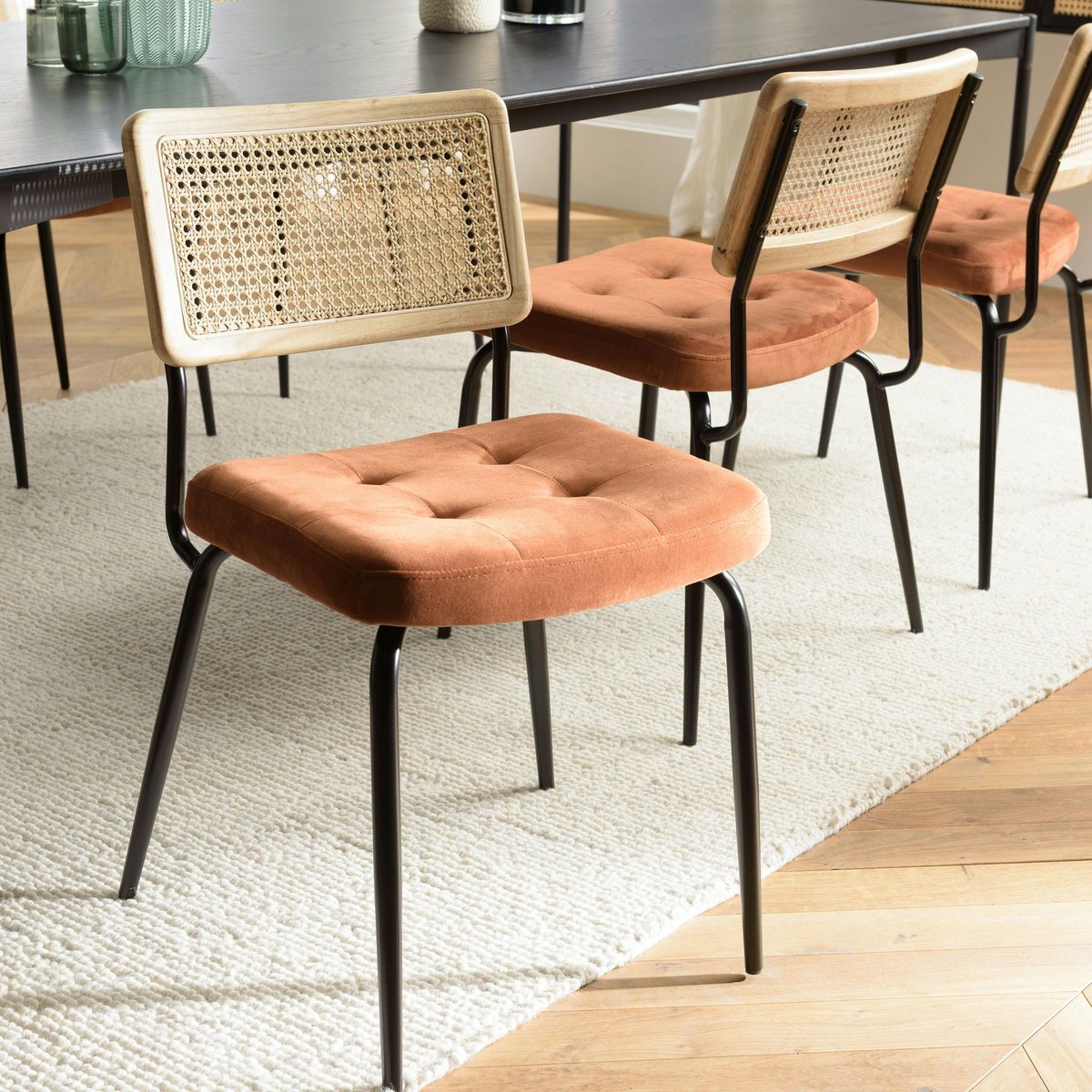 Chaise assise velours orange capitonné dossier cannage (lot de 2) TIM orange, PIER IMPORT
