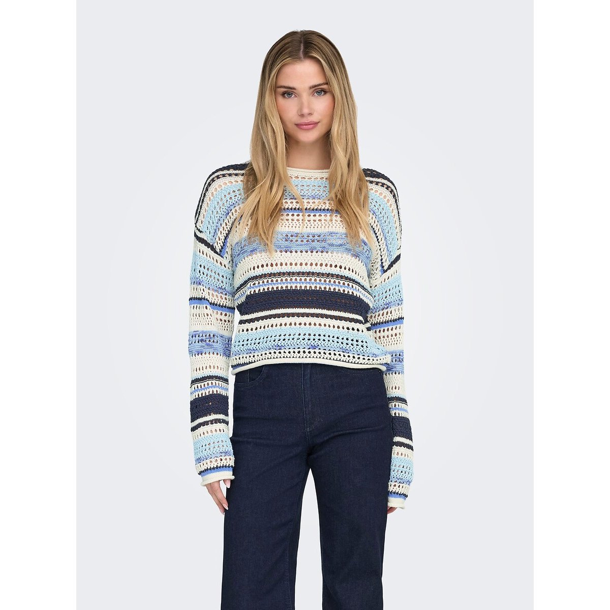 Pull col rond, manches longues, à rayures bleu, ONLY