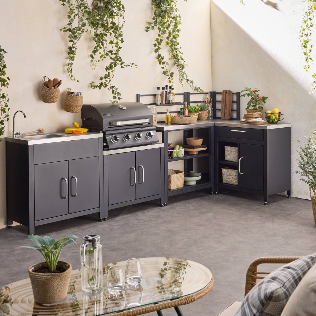 Cuisine extérieure 5 modules acier inoxydable avec barbecue gaz 4 brûleurs GRIMAUD 5 MODULES + BARBECUE GAZ noir, SWEEEK