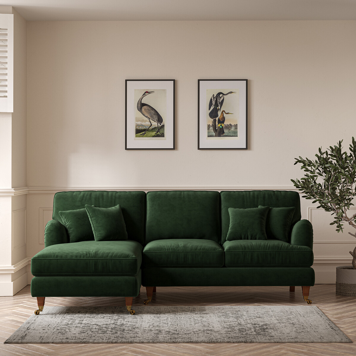 Emeline Velvet Corner Chaise Sofa with Castor Legs (Left Facing) emerald, ÉDITÉ