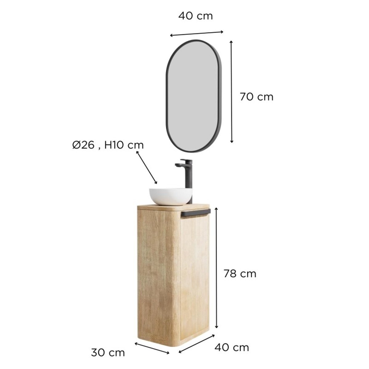Ensemble meuble lave-mains + vasque + miroir TOM chêne, MOB IN