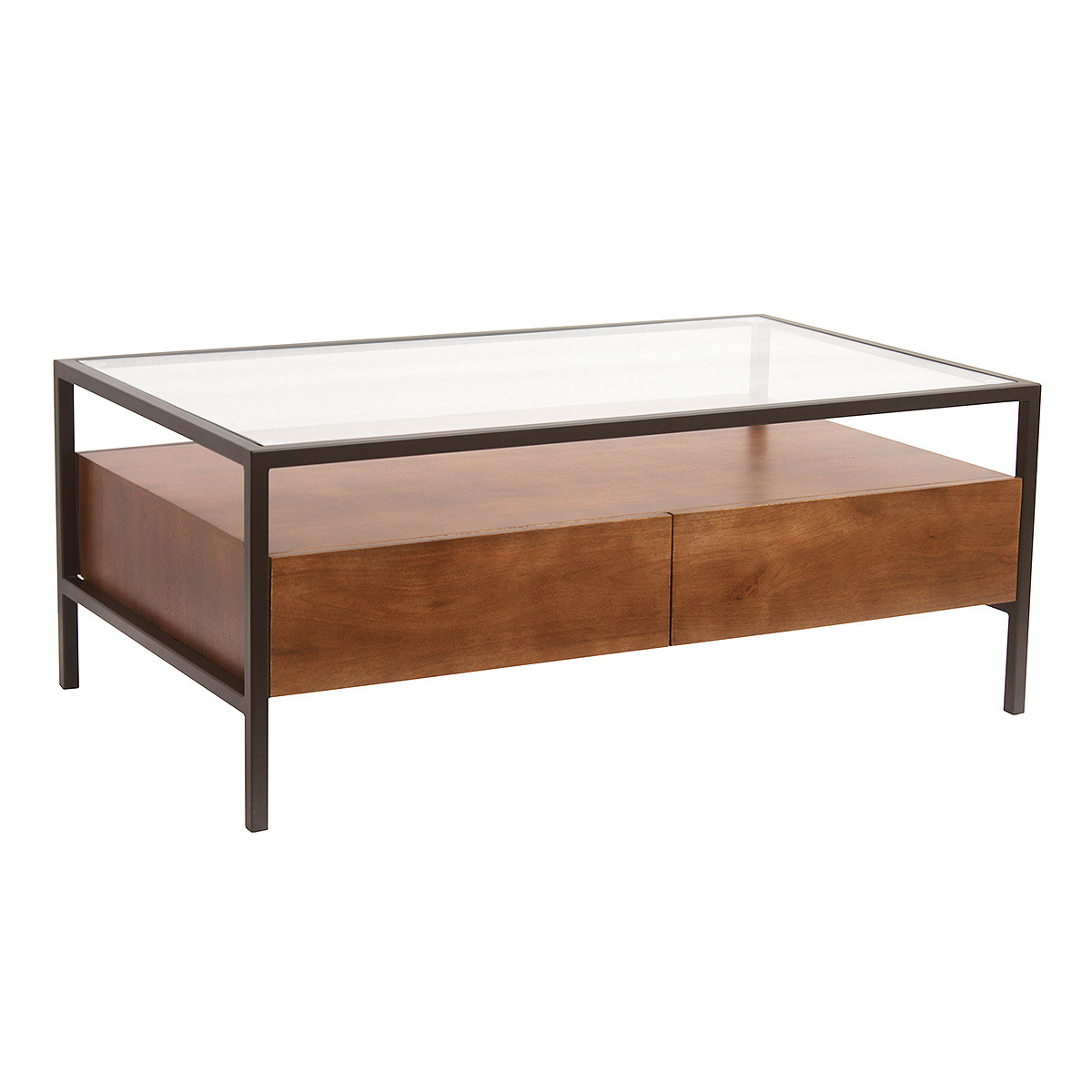 Table basse rectangulaire avec rangements en bois foncé manguier massif, verre et métal noir L100 cm SITA couleur unique, MILIBOO