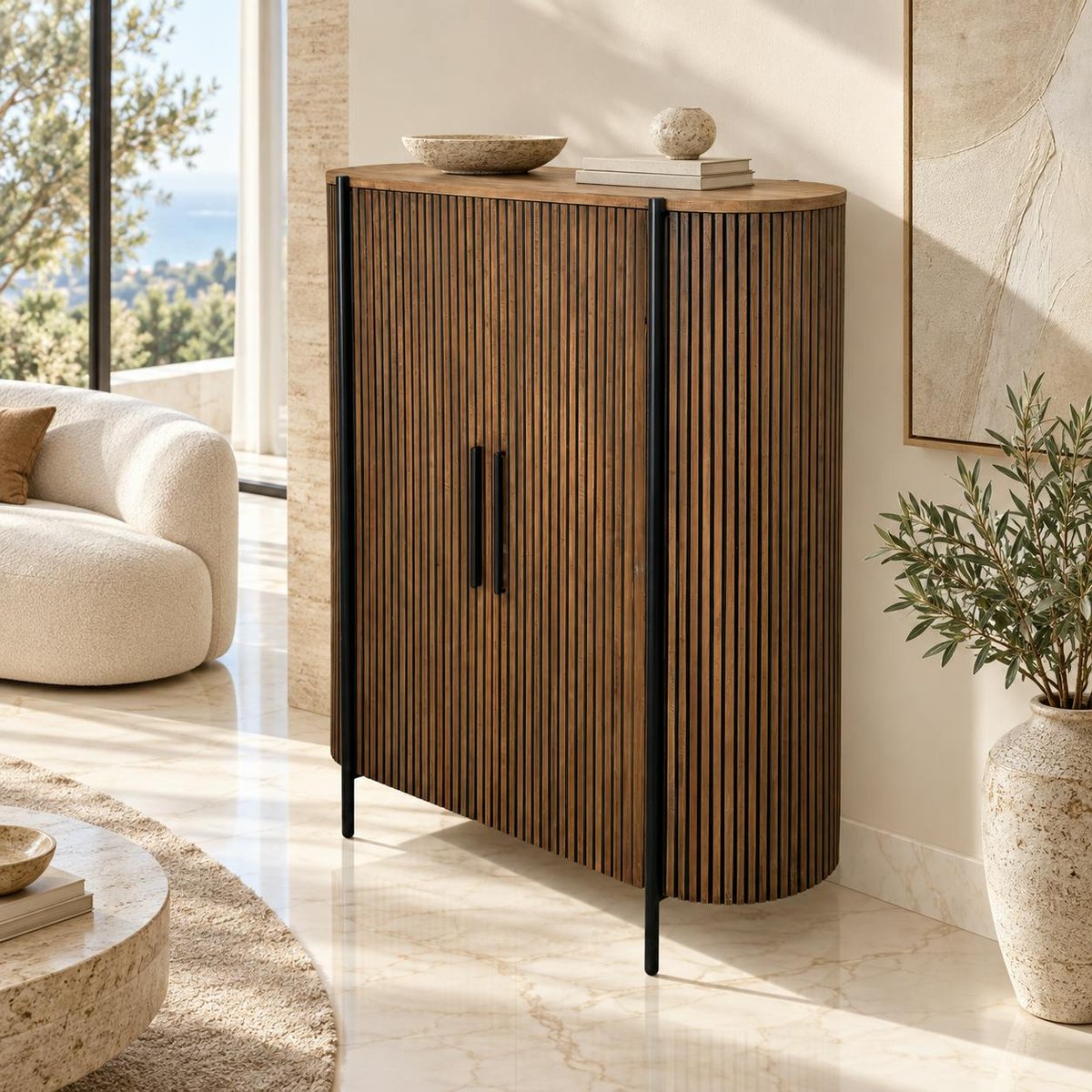 Buffet haut 2 portes côtés arrondis bois naturel TRANI bois naturel, PIER IMPORT
