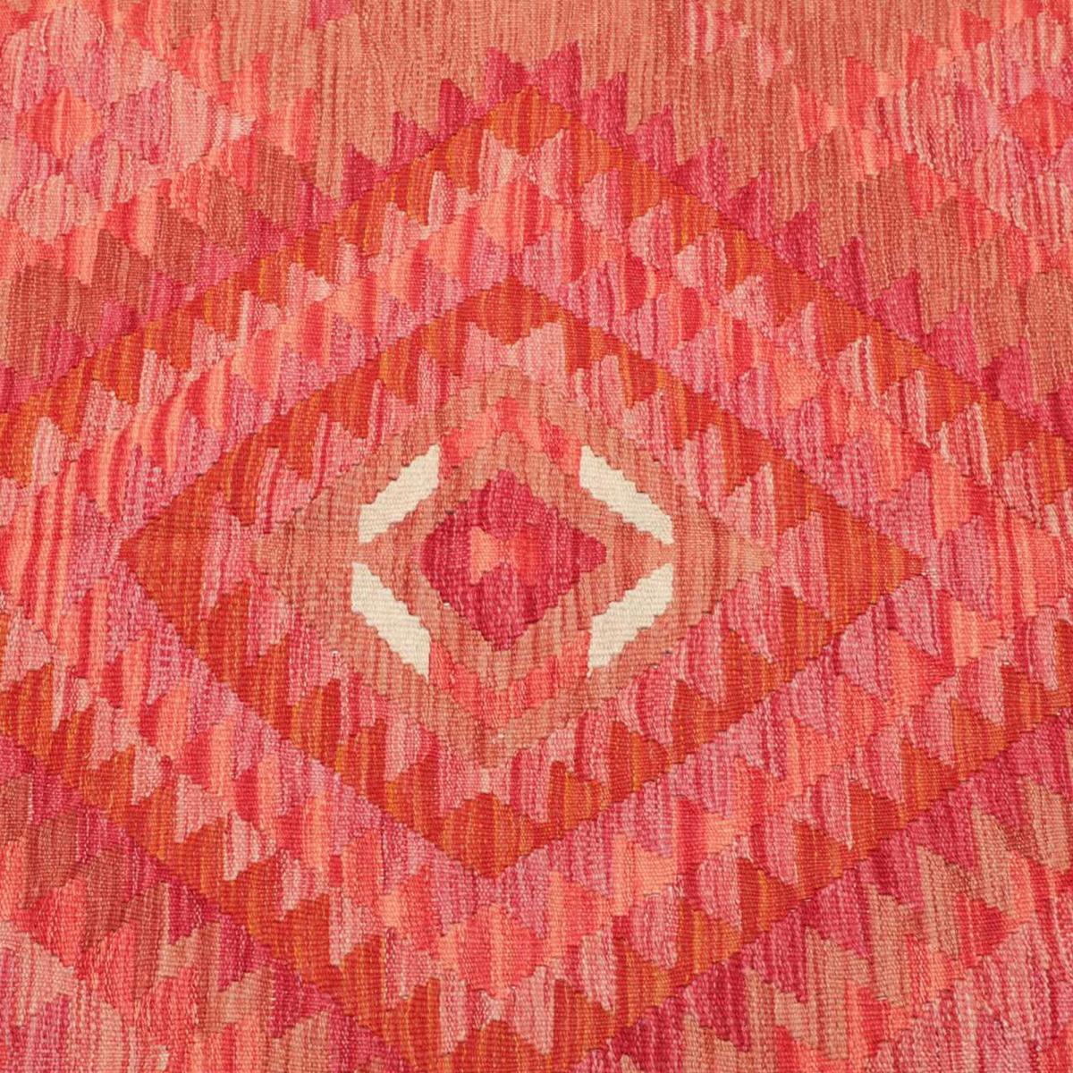 Tapis kilim géométrique, tissé plat en laine, KILIM 33 rouge, orange, rose, UN AMOUR DE TAPIS