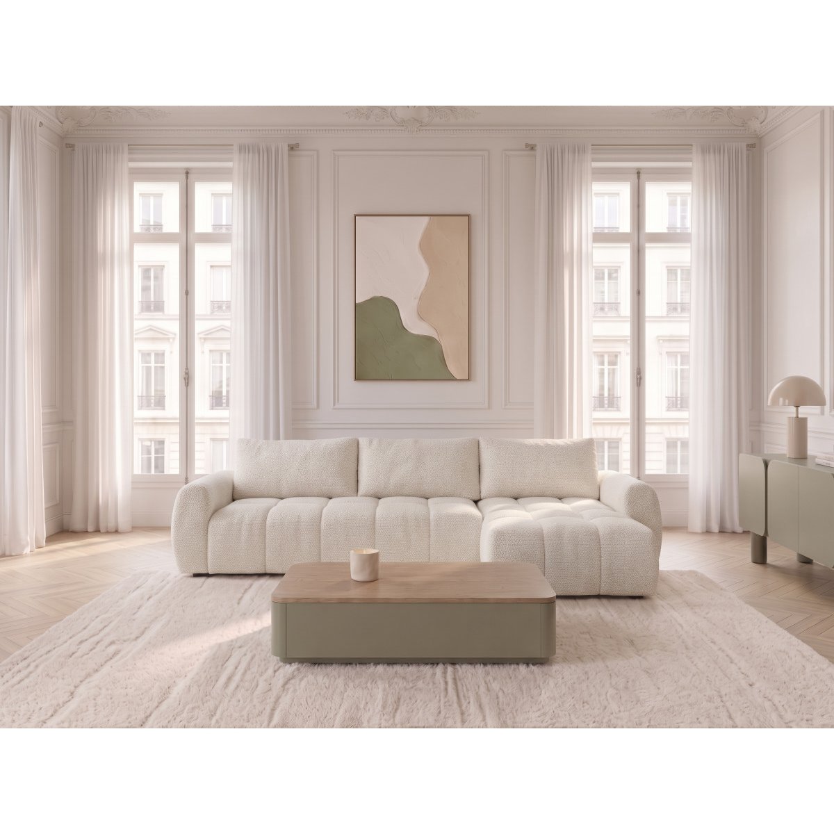 Canapé d'angle convertible 3 places en tissu chiné, FUJI blanc, BOBOCHIC