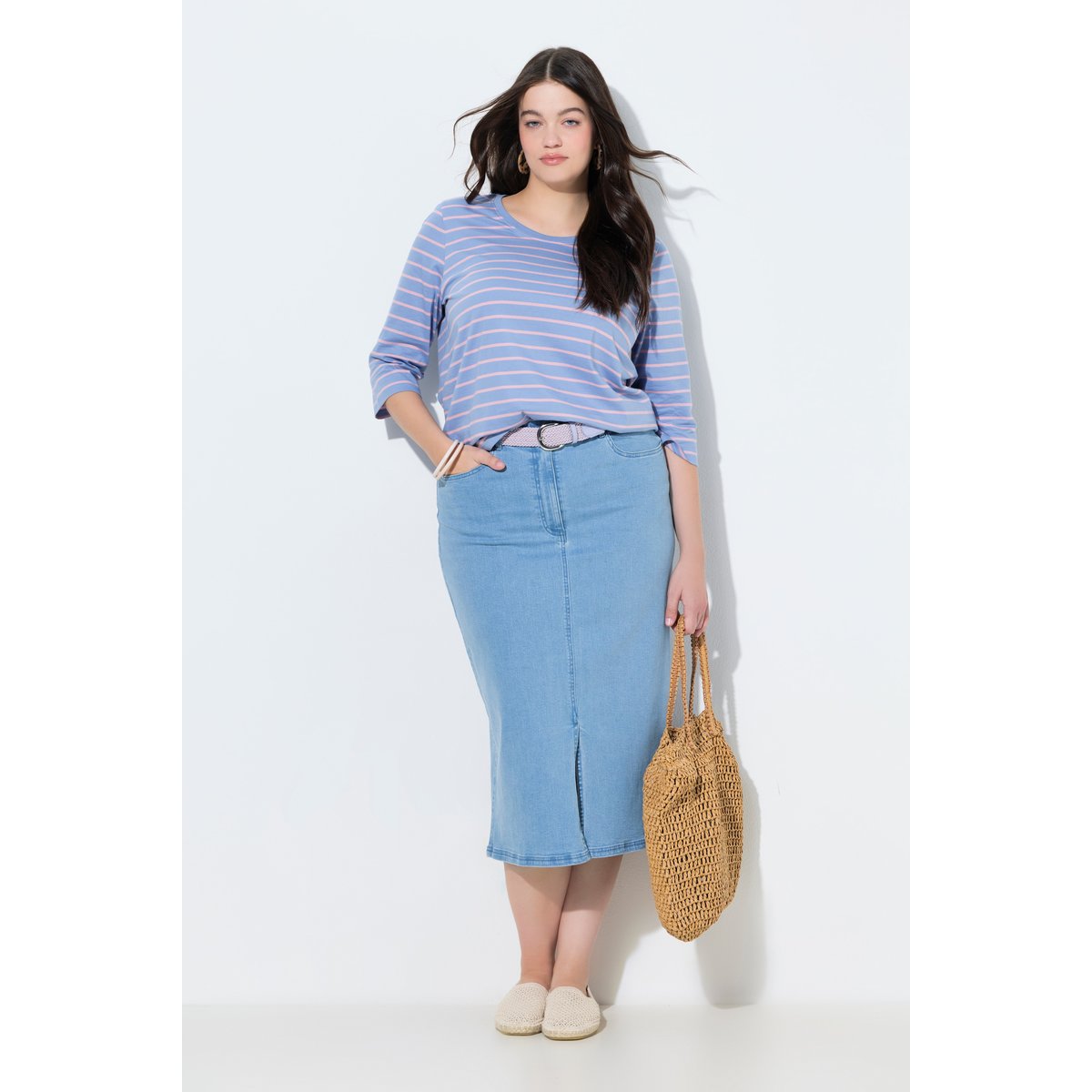 Jupe en jean de coton bio, fente d'aisance bleu jean, ULLA POPKEN
