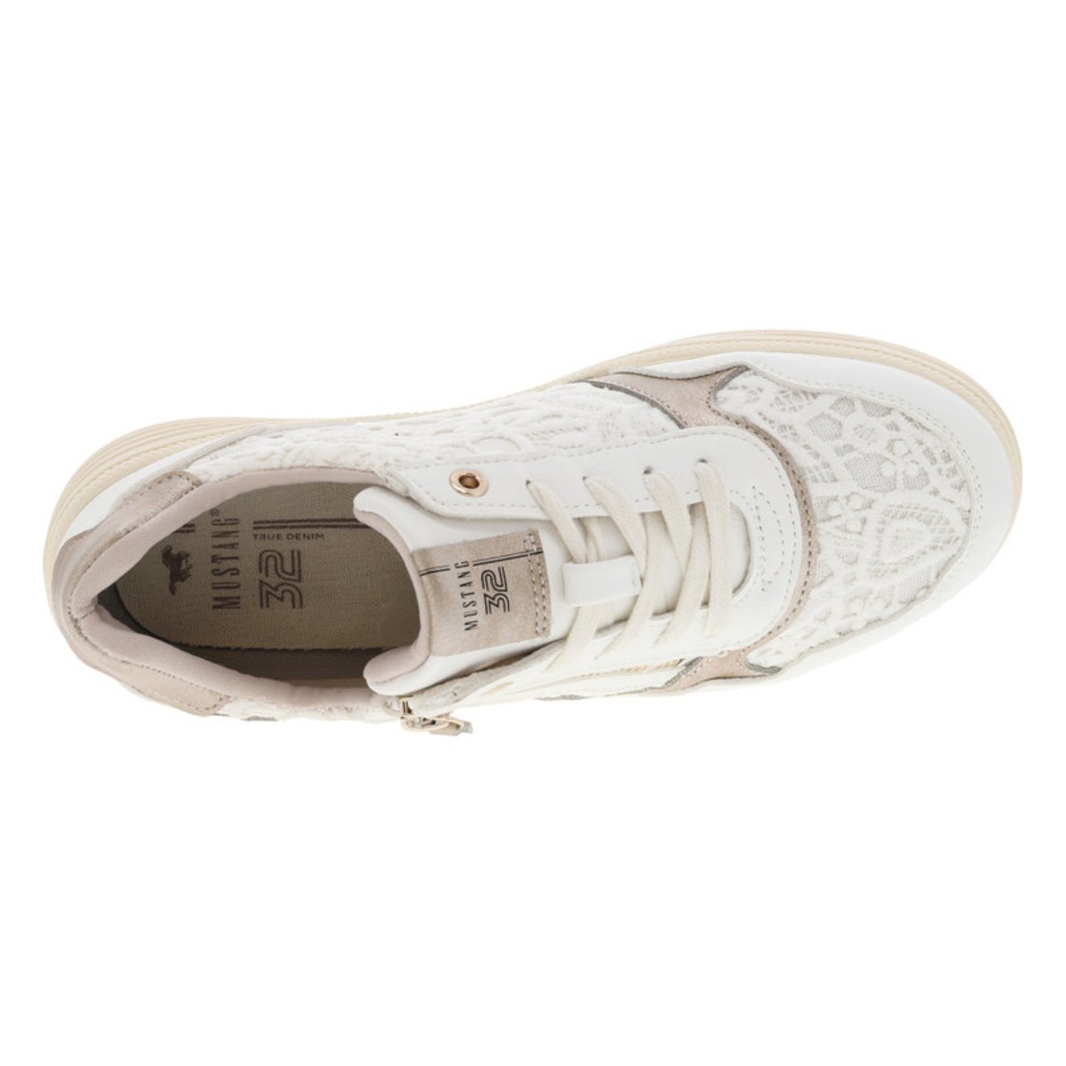 Sneakers blanches à broderies aspect dentelle et à semelle compensée basse blanc, MUSTANG