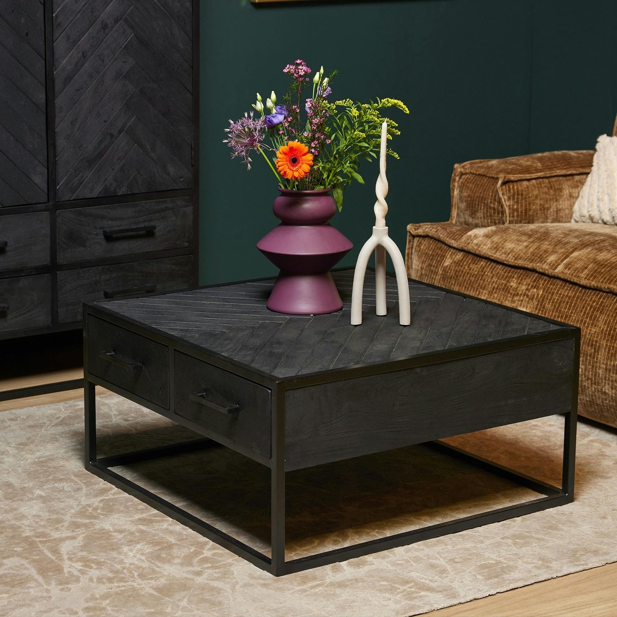 Table basse carrée noire en bois avec rangement ALVERA noir, PIER IMPORT