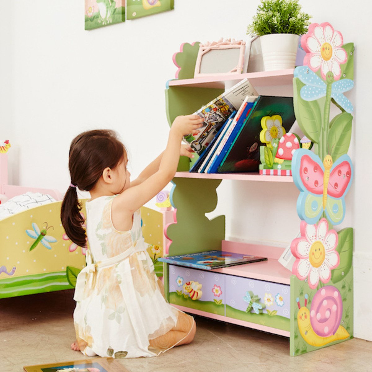 Bibliothèque 3 étages avec tiroir de rangement, MAGIC GARDEN rose, TEAMSON KIDS