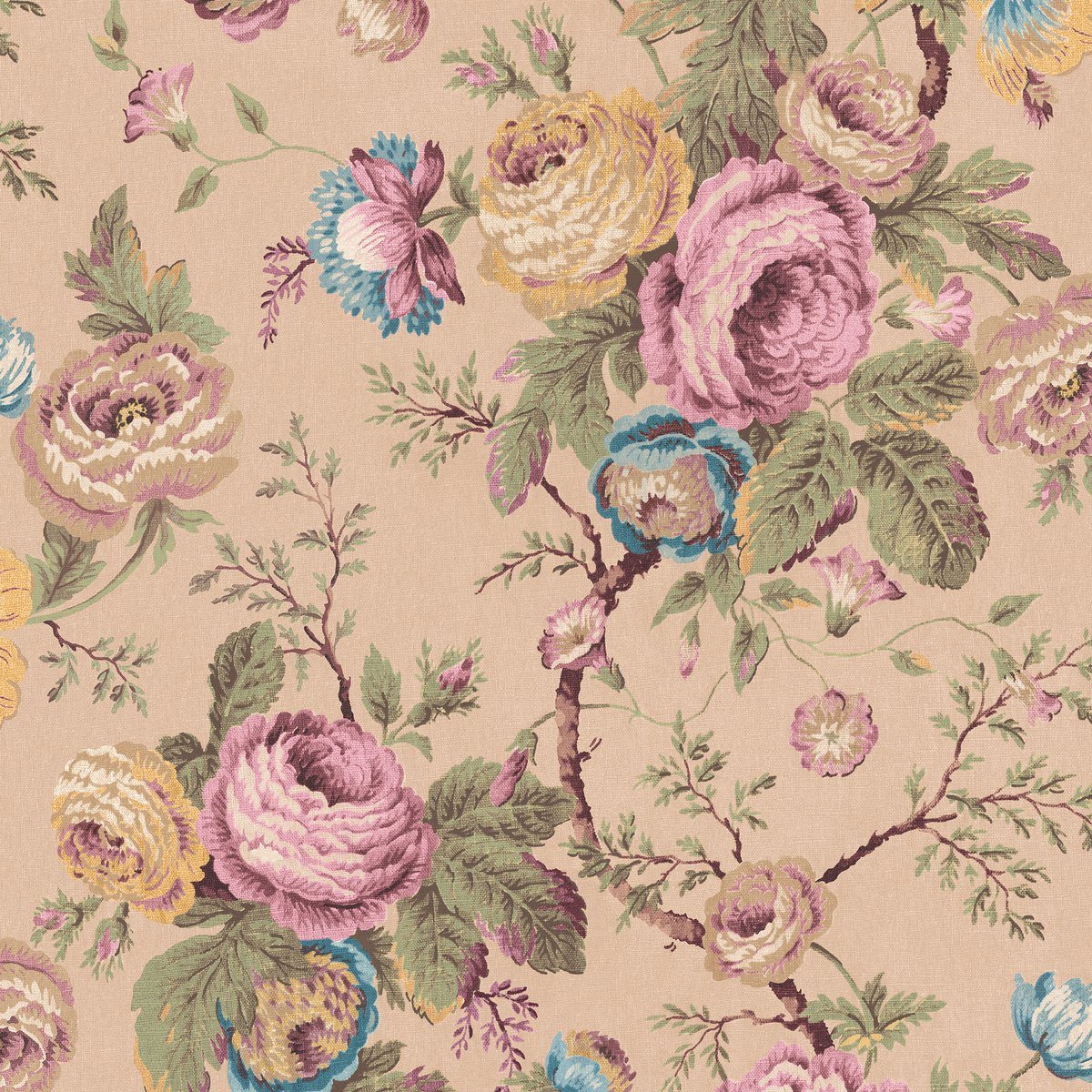 Papier peint fleuri roses vintage Uffington rose, beige, ocre, vert, LAURA ASHLEY