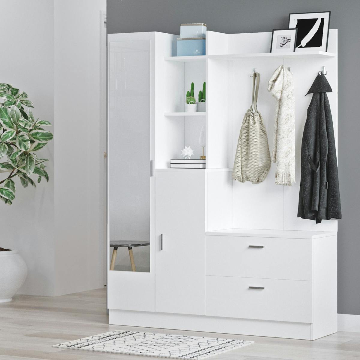 Vestiaire d'entrée 4 portes avec miroir JENA blanc, PIER IMPORT