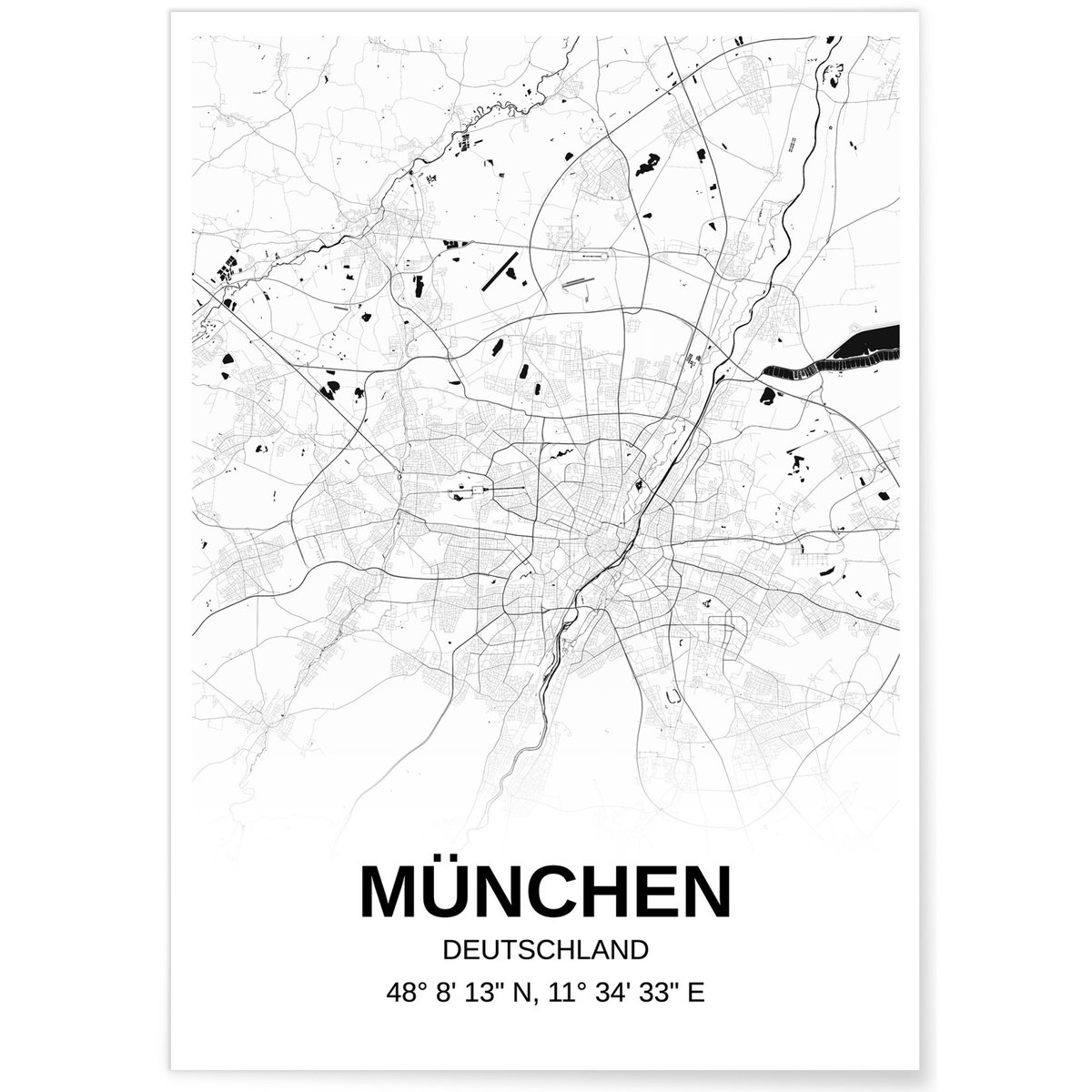 Affiche carte München - rectangle Noir et Blanc blanc, L'AFFICHERIE