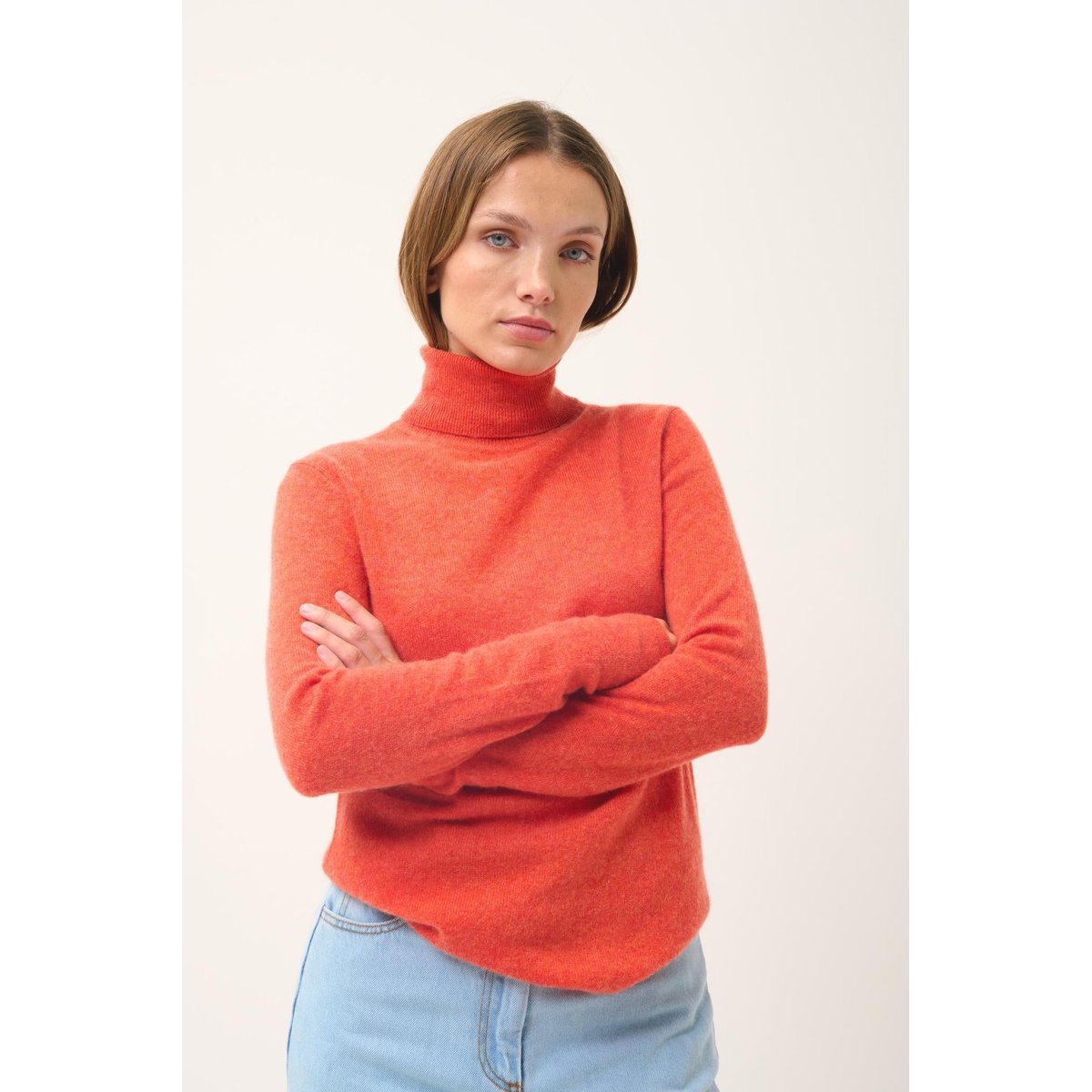 Pull Col Roulé Orange Chiné Ava orange, JUST CASHMERE