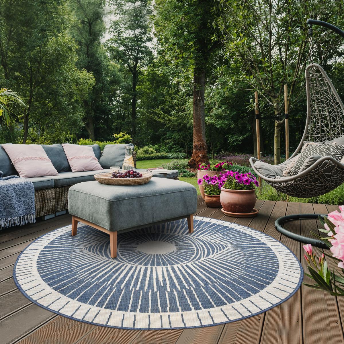 Tapis rond d'extérieur, kilim reversible LYN2 B ROND REVERSIBLE bleu, crème, UN AMOUR DE TAPIS