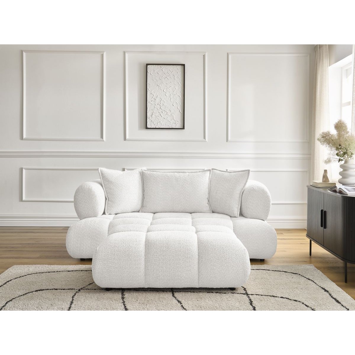 Canapé droit fixe 2 places en tissu bouclette avec pouf, ALYA blanc, BOBOCHIC
