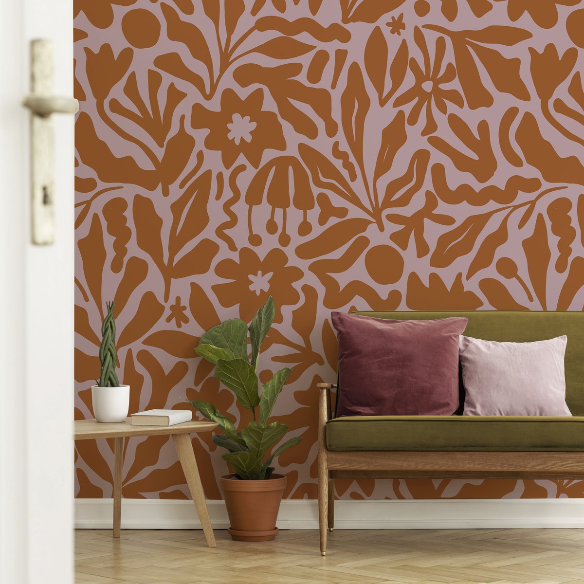 Papier peint panoramique méli mélo de fleurs rouge orangé sur fond rose, ART FOR THE HOME