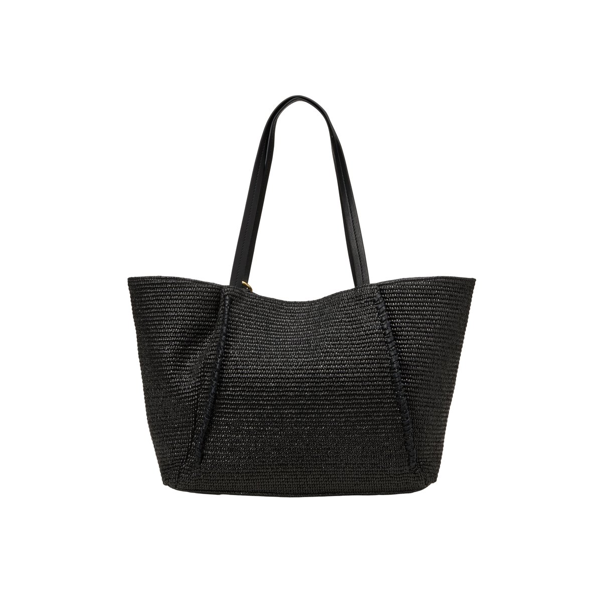 Shopper en raphia large avec détails élégants en cuir véritable noir, MARC O'POLO