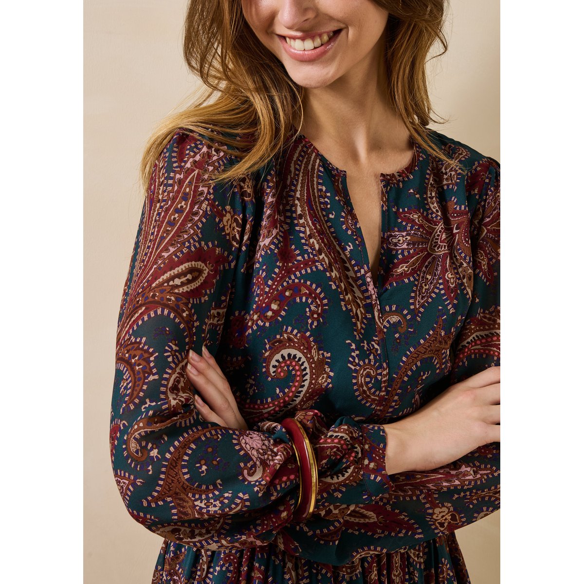 Robe longue à imprimé manches longues petrole, LA FEE MARABOUTEE
