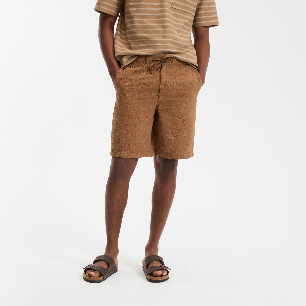 Bermuda in tessuto Seersucker con elastico in vita marrone, LA REDOUTE COLLECTIONS