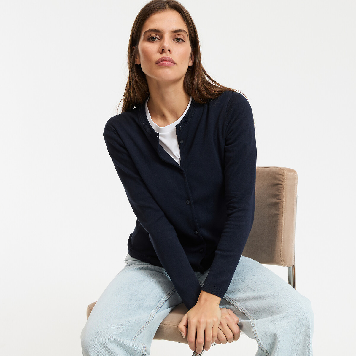Cardigan boutonné, col rond, en fine maille bleu marine, LA REDOUTE COLLECTIONS