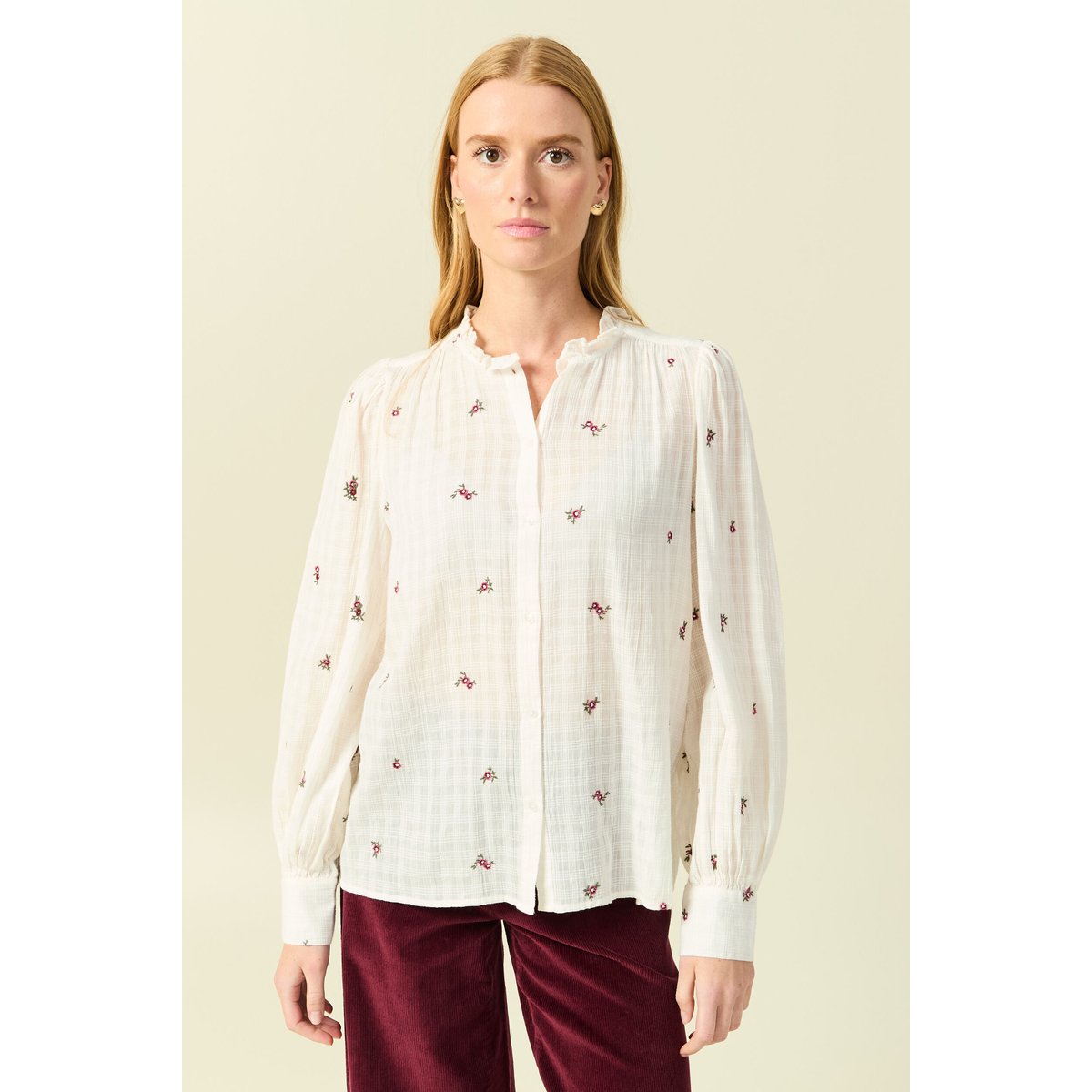 Chemise manches longues en coton brodée blanc, BONOBO