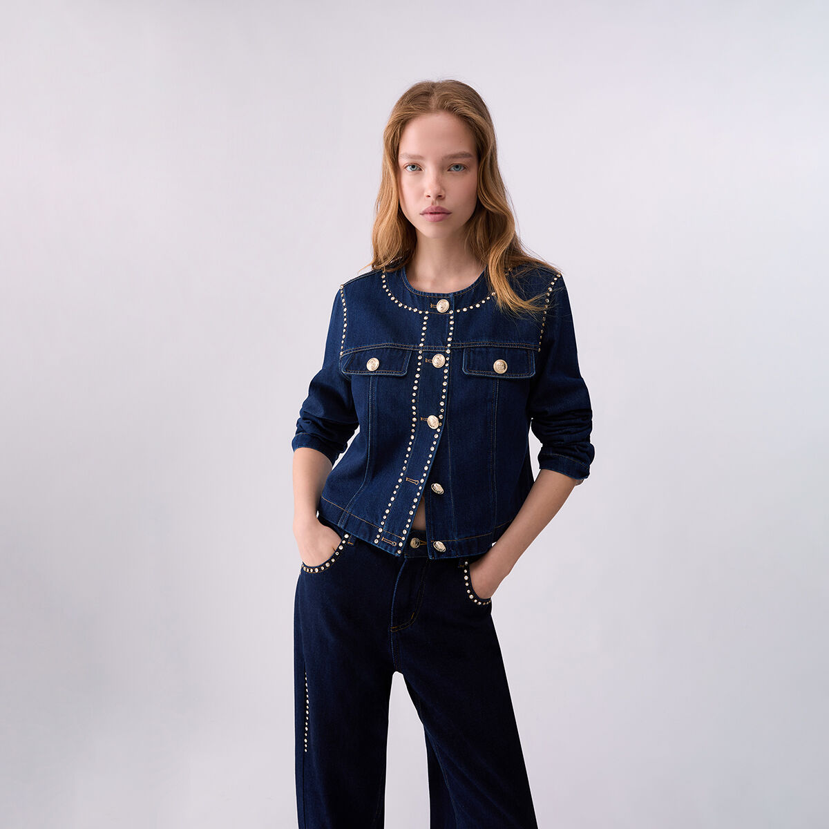 Veste en denim ajustée avec strass délavage normal, LIU JO