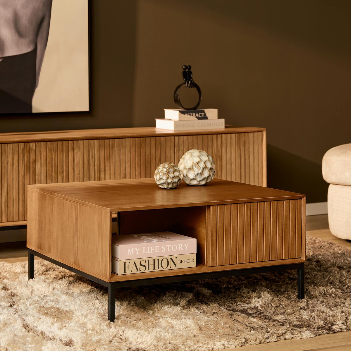 Table basse carrée 2 tiroirs 1 niche CORTINA bois, PIER IMPORT