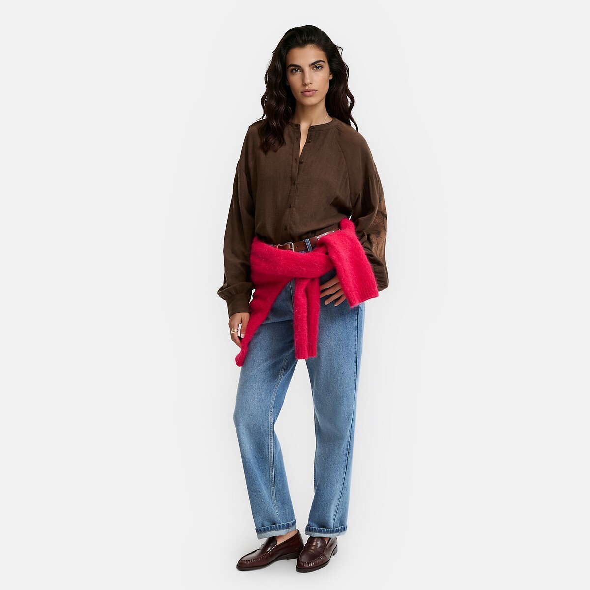 Blusa de gola redonda com mangas compridas bordadas castanho, LA REDOUTE COLLECTIONS