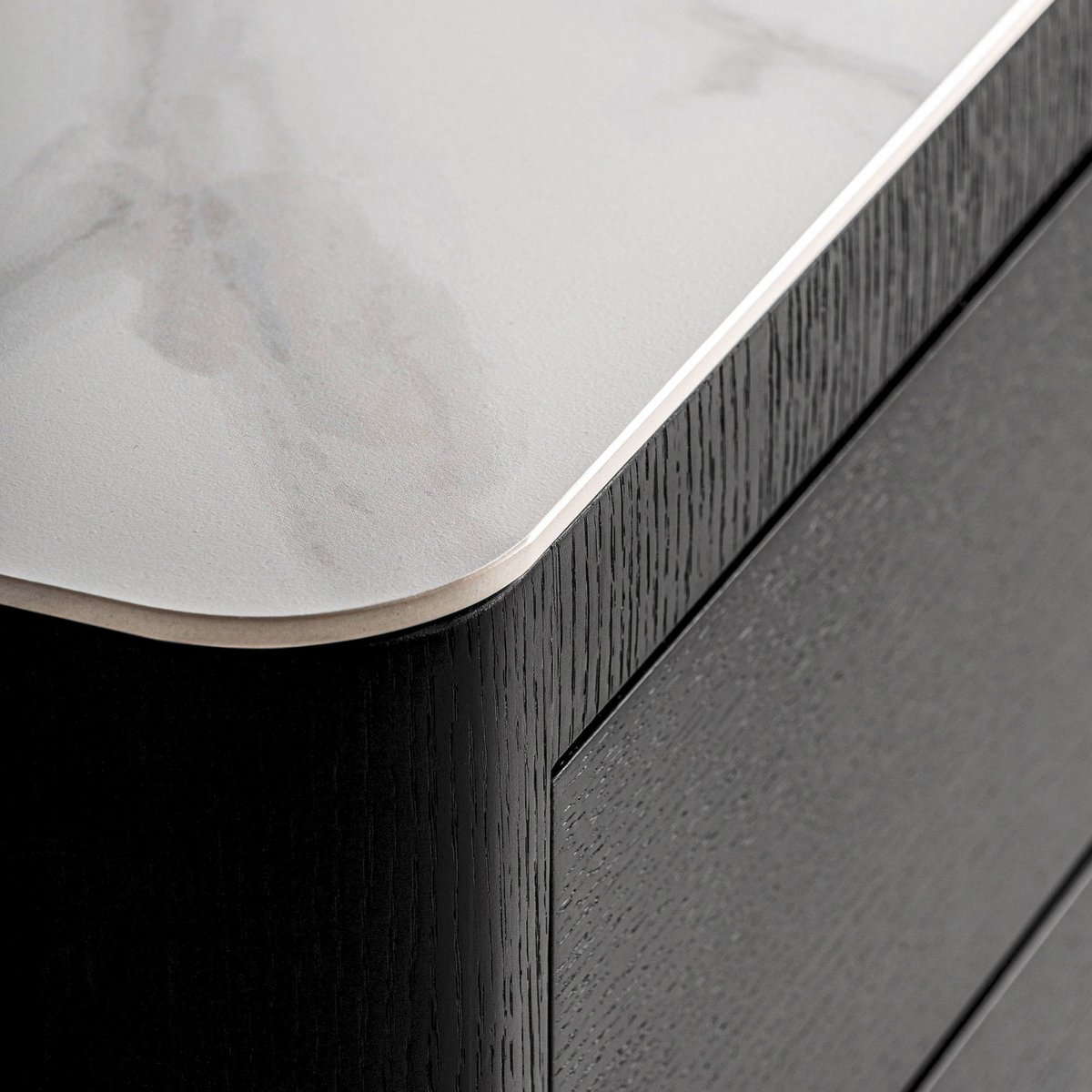 Table de chevet art déco en bois noir, chêne gris et blanc, RECOLLECTION