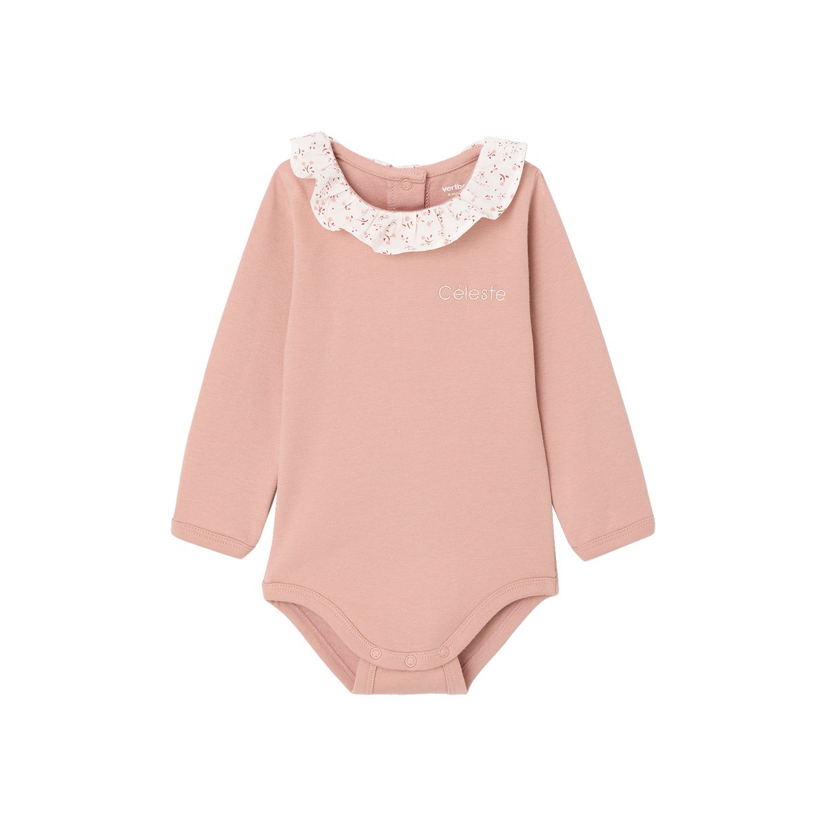Lot de 2 bodies naissance unis avec col volanté imprimé rose, VERTBAUDET