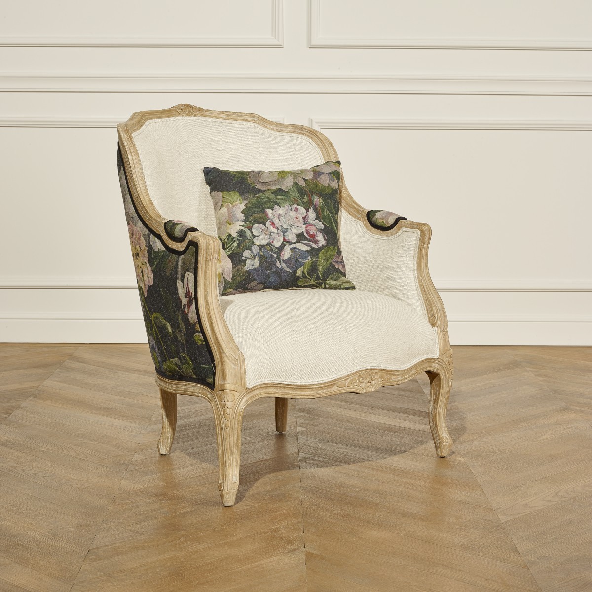 Fauteuil bergère lin et tissu imprimé VICTOR lin, ROBIN DES BOIS