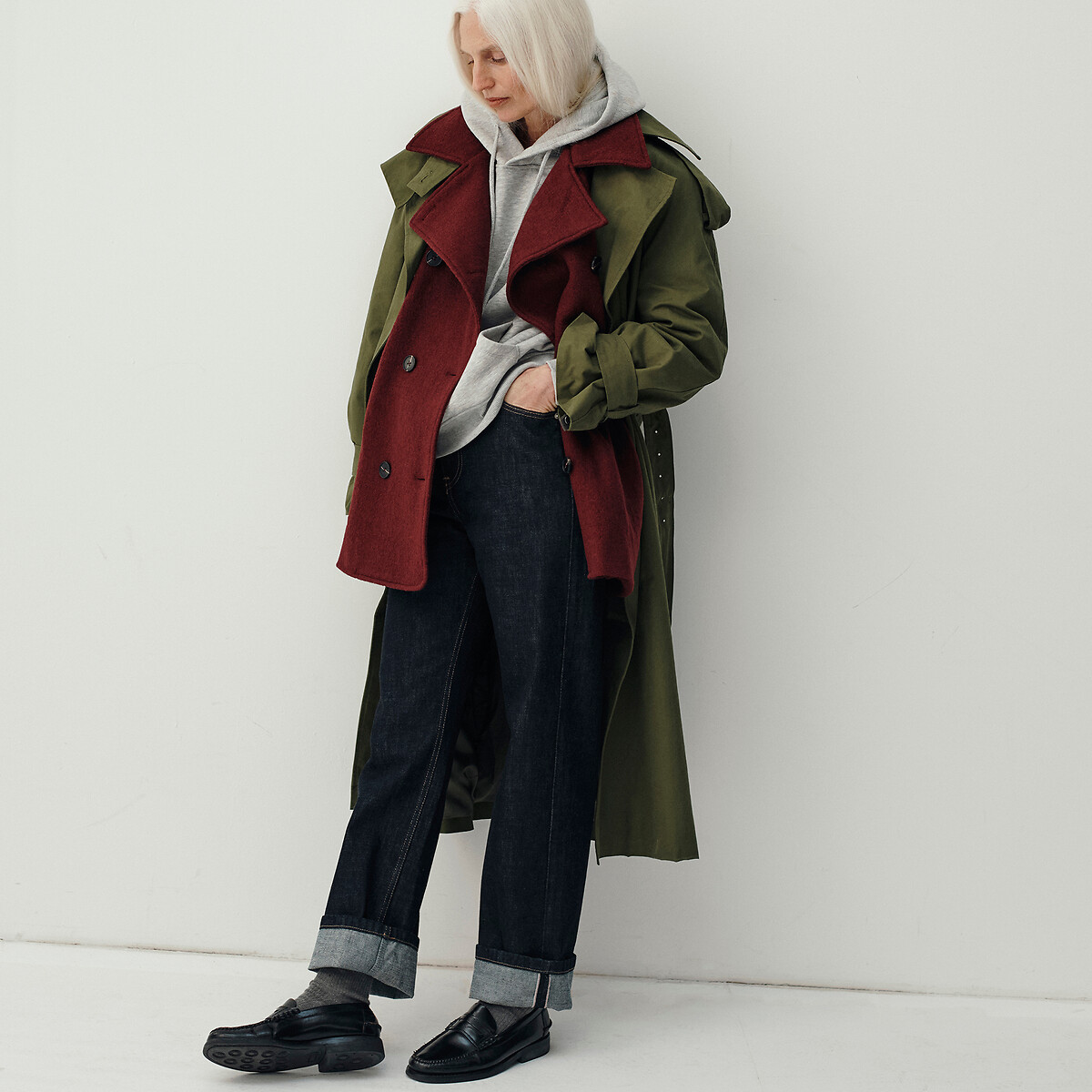 2 in 1 Trench Coat with Belt and Button Fastening khaki green, La Redoute Collections x Christine Phung