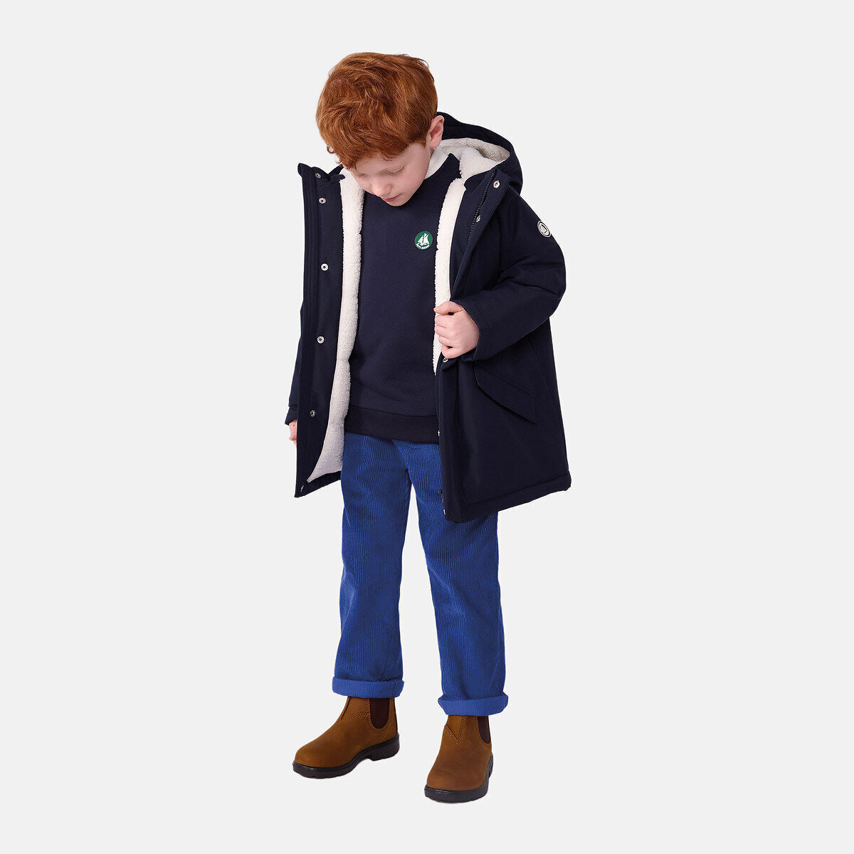 Parka di media lunghezza con cappuccio, in tinta unita blu marino, PETIT BATEAU